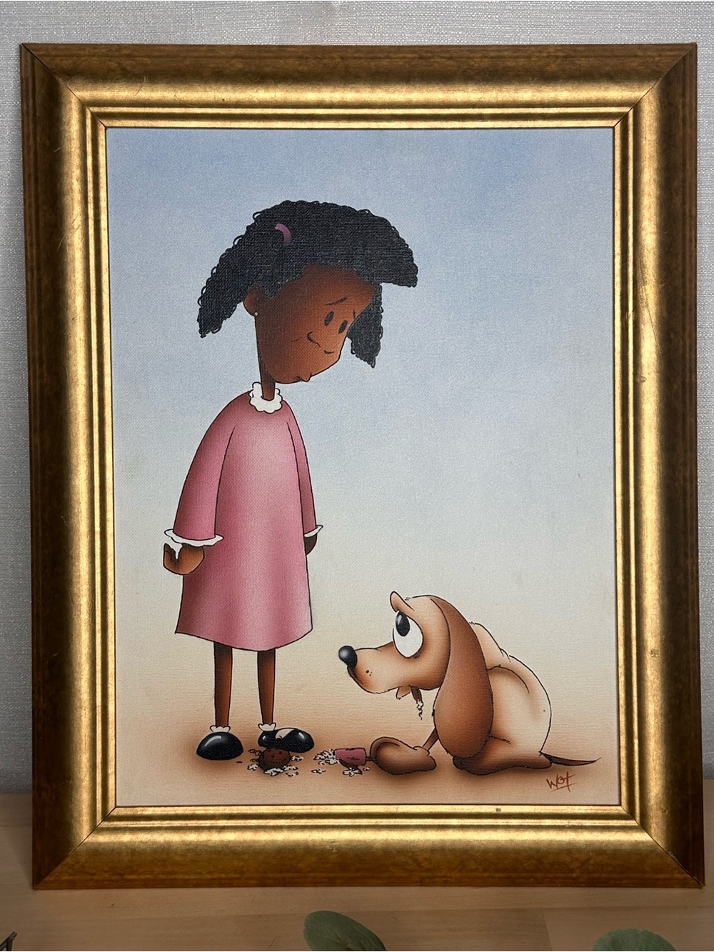 African American Art Room Deco -Little Girl and Dog Framed Wall Art Painting-